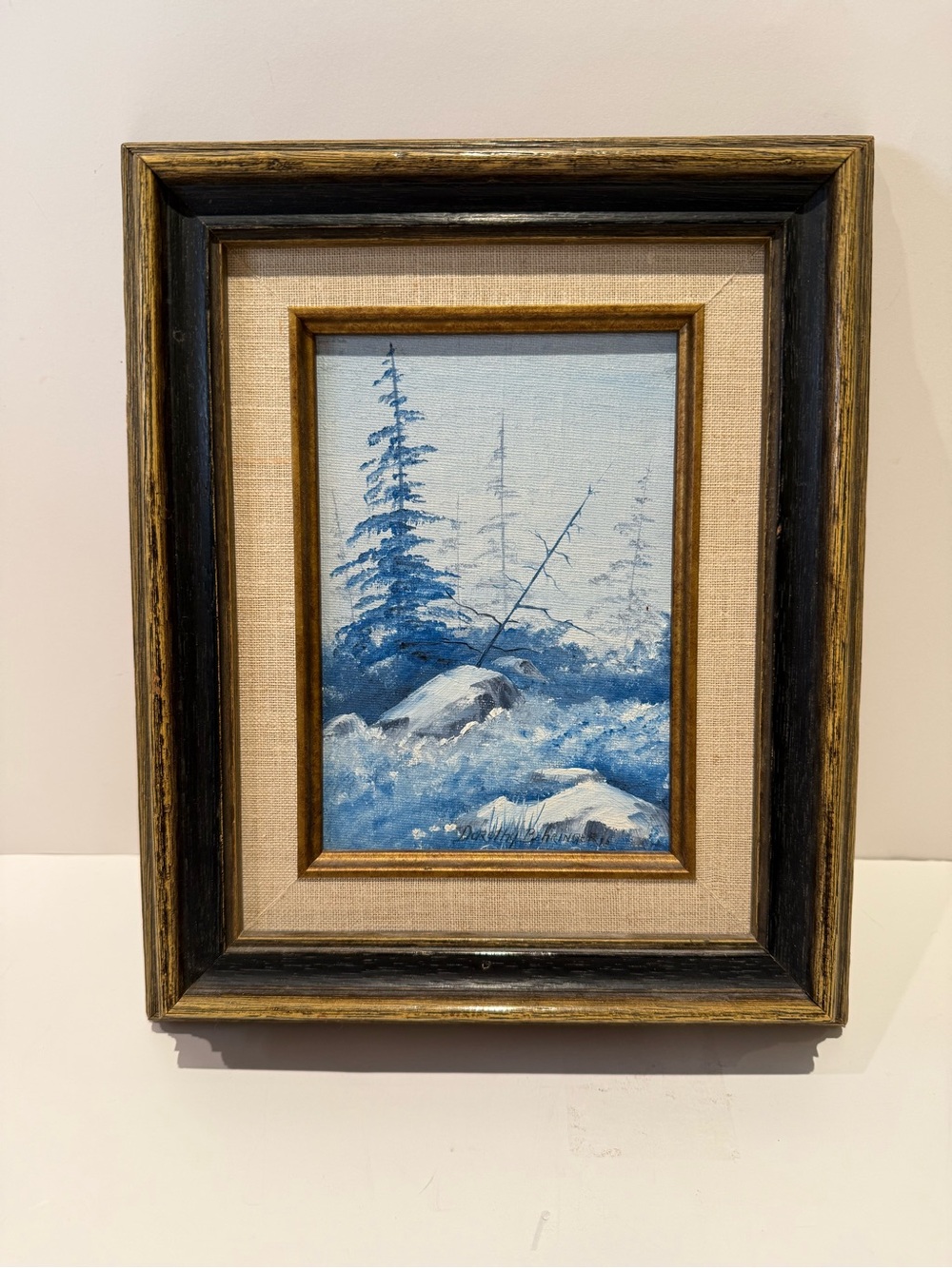 Dorothy Behinger Painting Vintage Original Signed Blue Monochrome Snowy Forest O